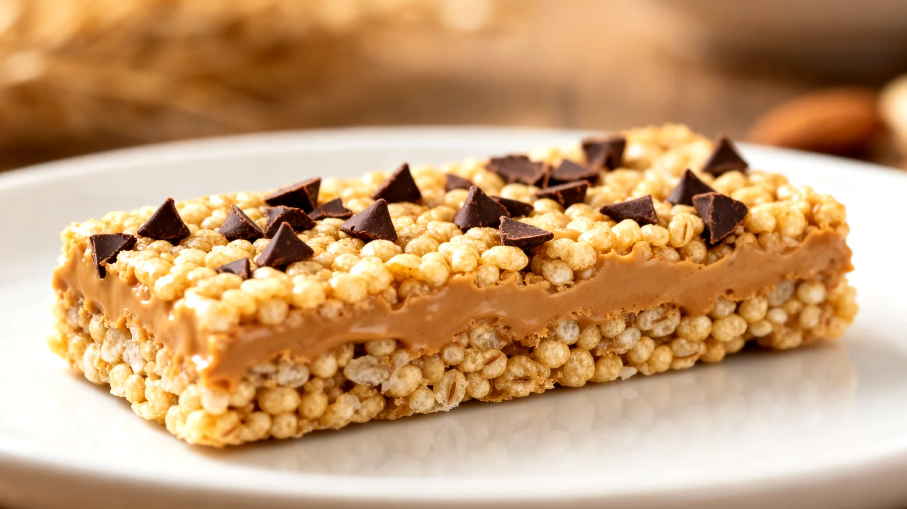 Amaranth-Puffreis-Riegel mit Mandelmus und Kakao-Nibs"