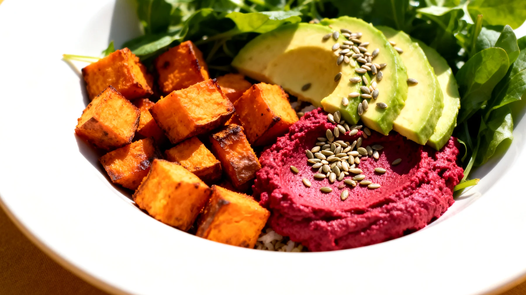 Avocado-Süßkartoffel-Bowl mit Hanfsamen und Rote-Bete-Hummus"