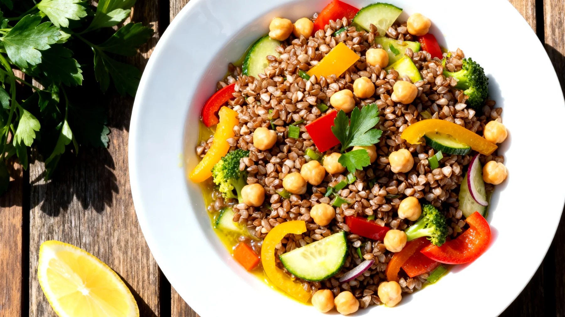 Buchweizen-Gemüse-Salat mit Kichererbsen und Zitronendressing"
