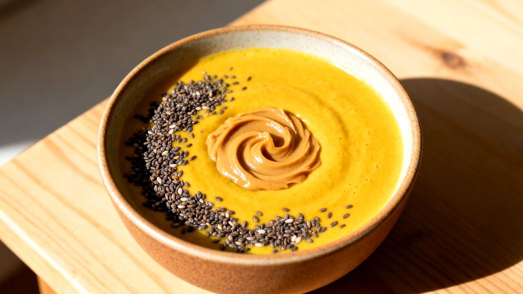 Goldene Milch mit Chiasamen und Mandelmus (Kurkuma-Latte-Bowl)"