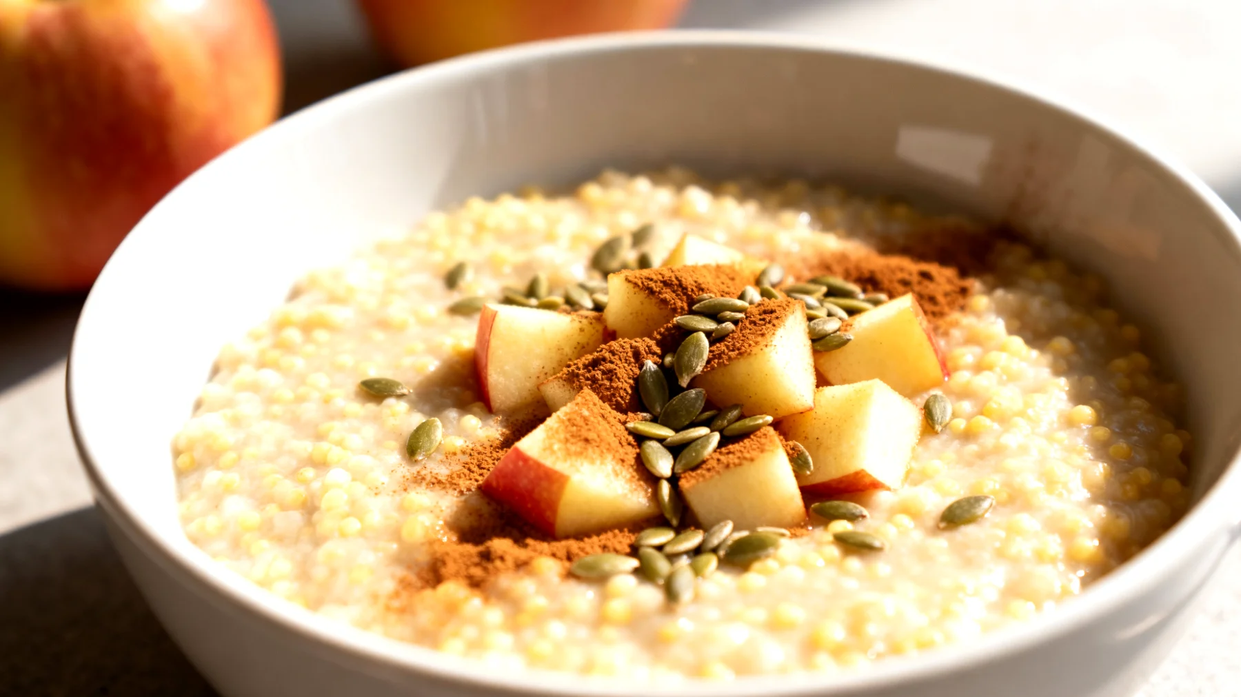 Hirse-Porridge mit Apfel, Zimt und geschälten Hanfsamen"