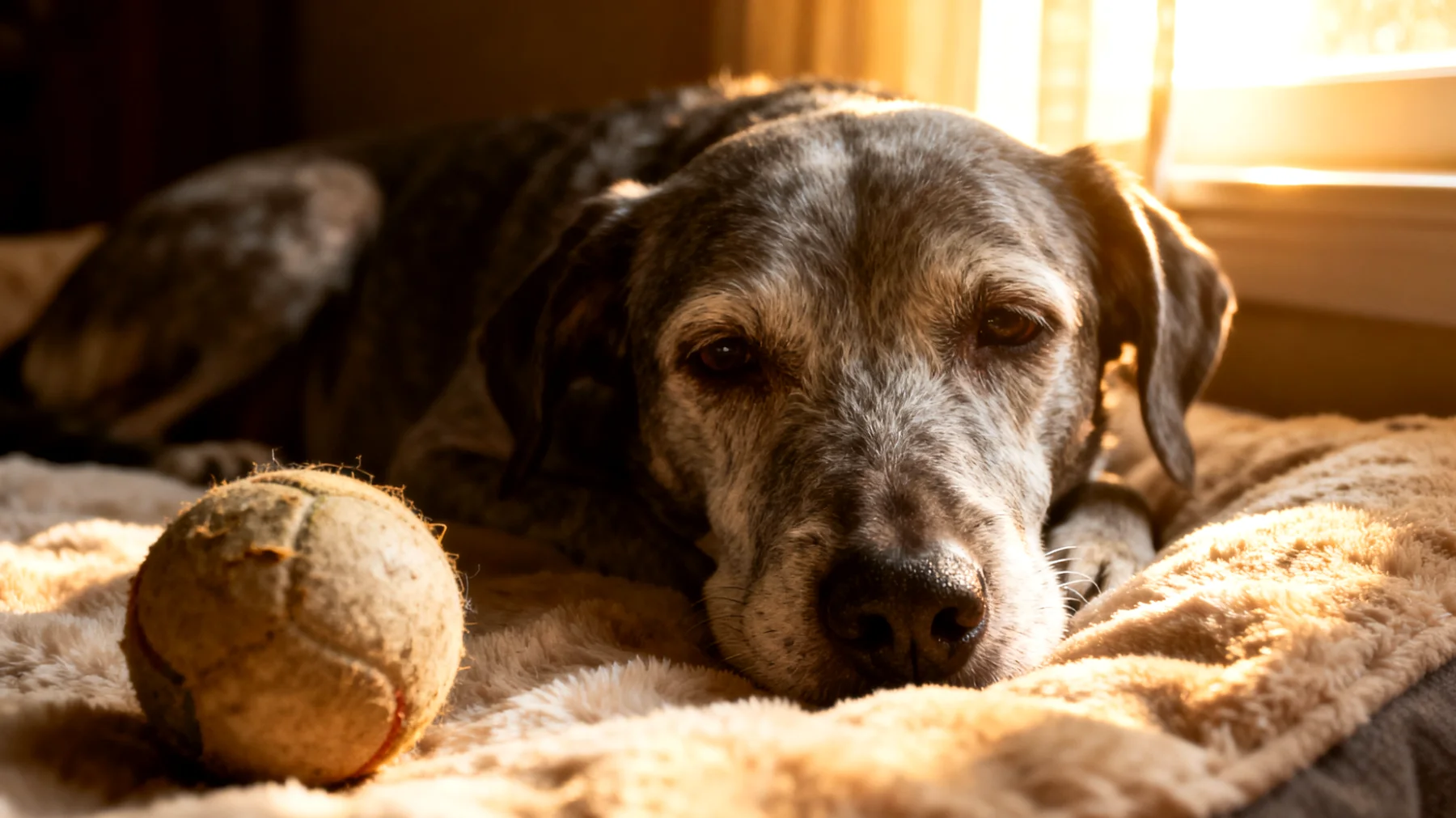 Ältere Hunde verlieren oft das Interesse an Spielzeug und haben aufgrund von Gelenkproblemen, verminderter Energie und nachlassender kognitiver Funktion Schwierigkeiten, sich ausreichend zu beschäftigen, was zu Langeweile und mentalem Abbau führen kann"