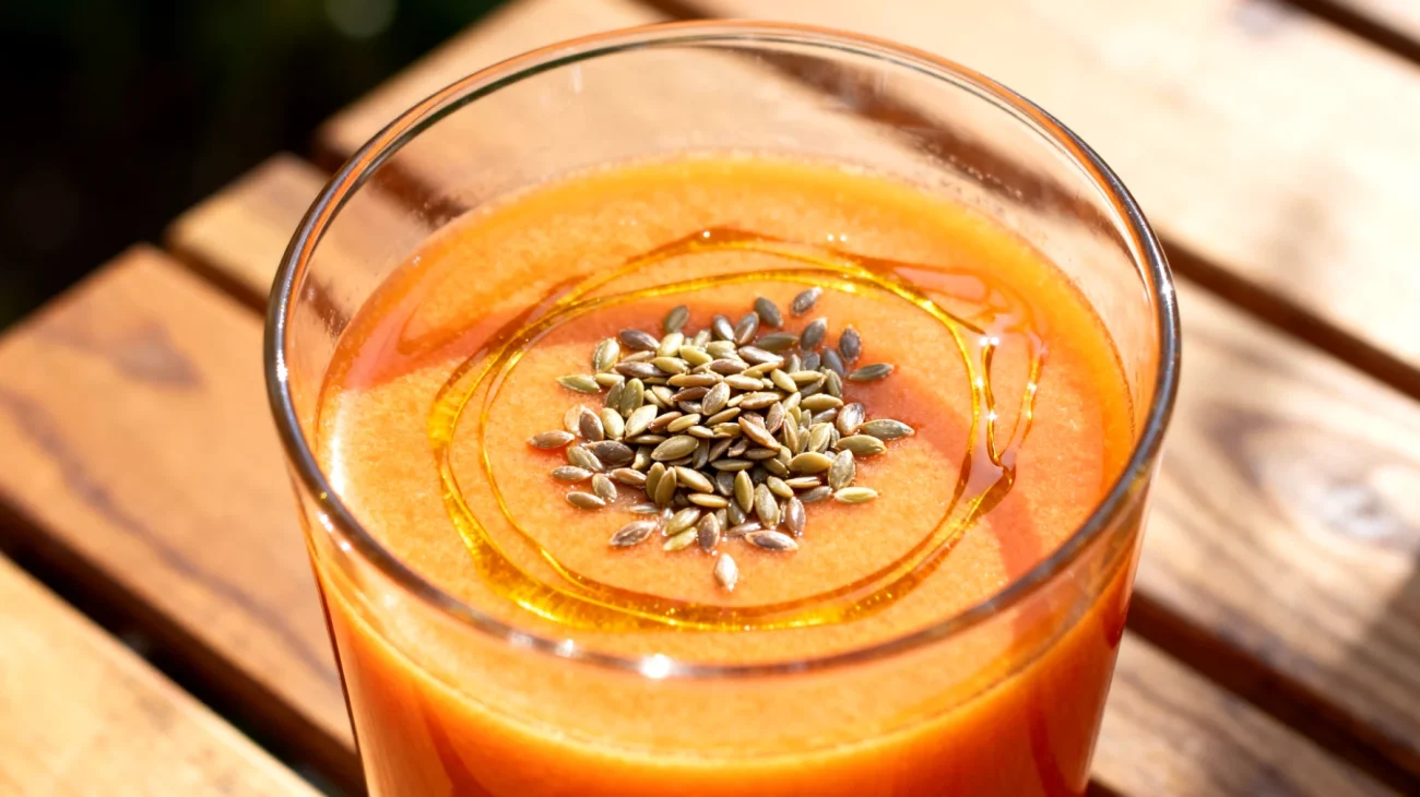 Karottensaft mit Leinsamenöl und geschälten Hanfsamen"