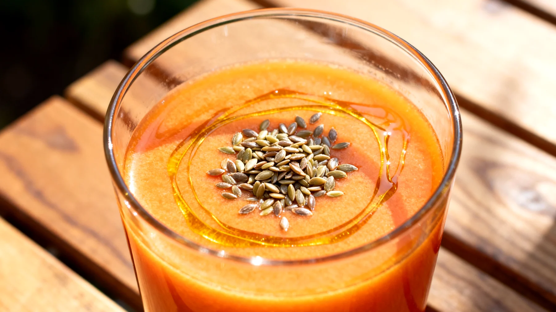 Karottensaft mit Leinsamenöl und geschälten Hanfsamen"