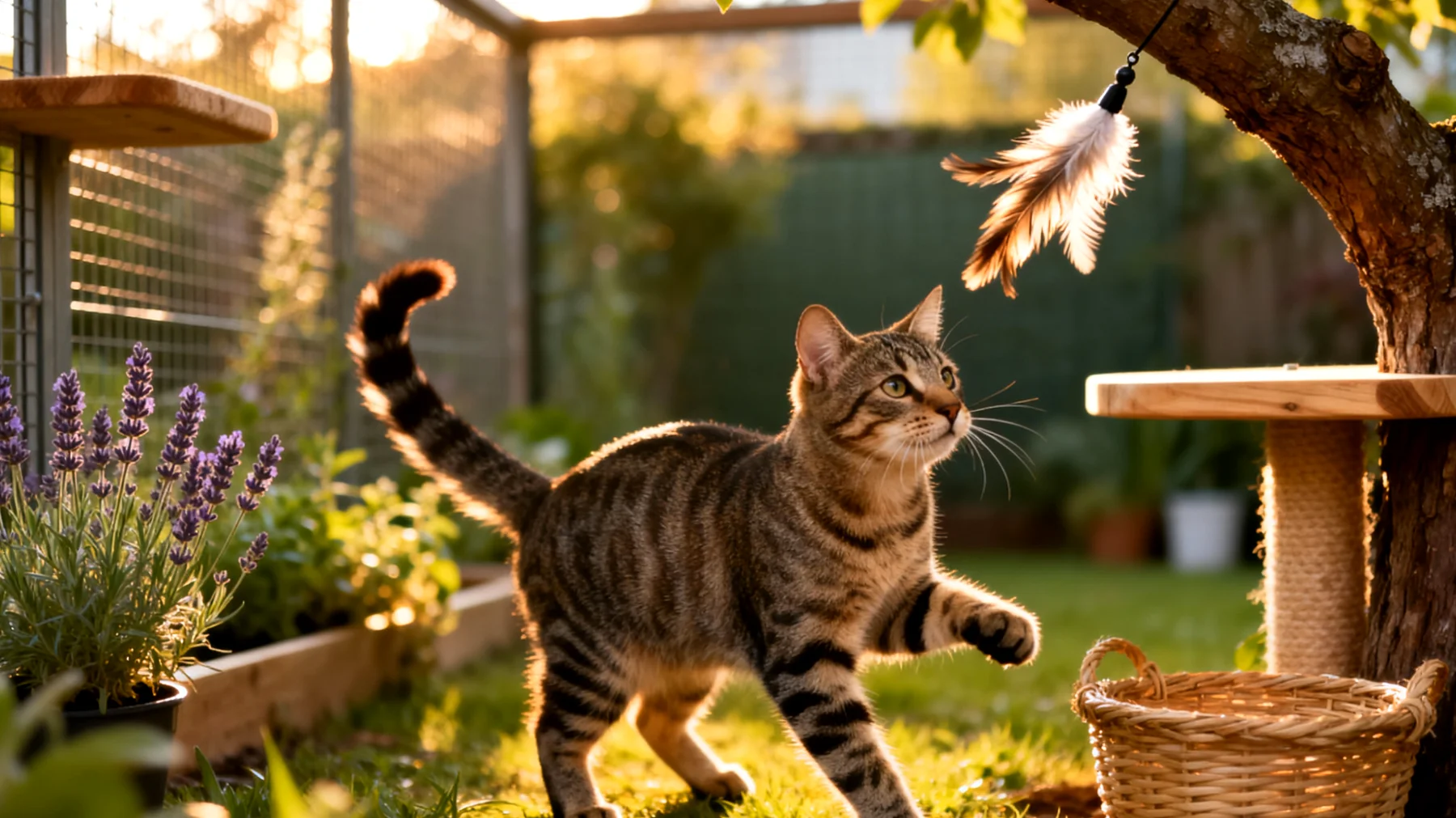 Katzen, die im Garten gehalten werden, benötigen spezielle Beschäftigungsmöglichkeiten und Spielideen, um ihre natürlichen Jagdinstinkte auszuleben und gleichzeitig vor Gefahren wie Verkehr, giftigen Pflanzen oder Parasitenbefall geschützt zu bleiben, während sie ausreichend mentale und körperliche Stimulation erhalten"