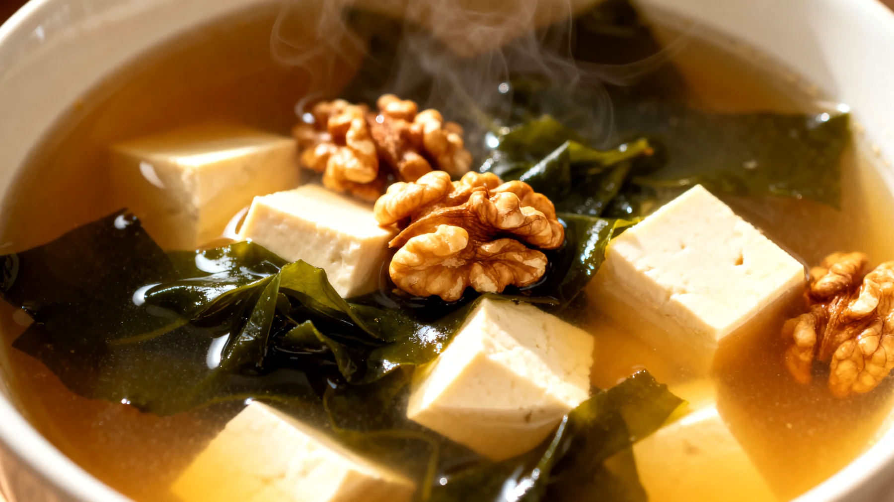Miso-Suppe mit Wakame-Algen, Seidentofu und gerösteten Walnüssen"