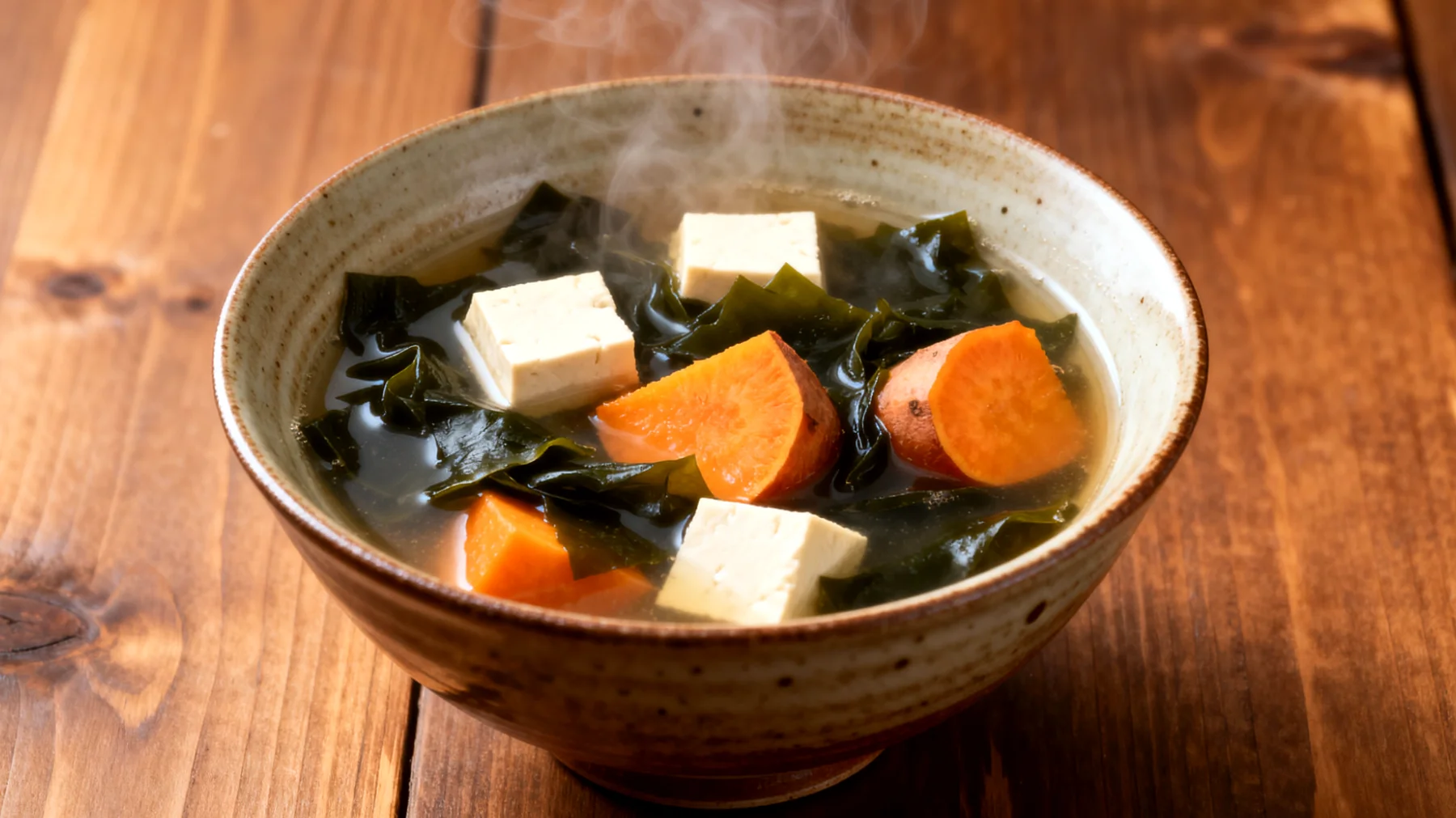 Miso-Suppe mit Wakame-Algen, Tofu und Süßkartoffeln"