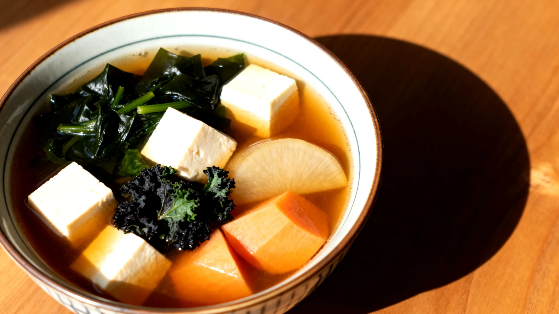 Miso-Suppe mit Wakame-Algen, Tofu und Wintergemüse (Schwarzkohl, Steckrübe)"