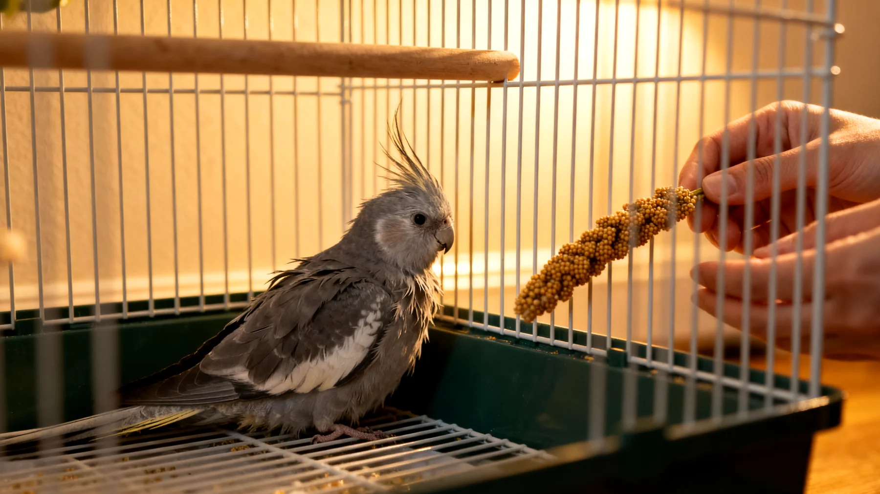 Ein älterer Nymphensittich wird in ein neues Zuhause adoptiert und hat Schwierigkeiten, sich an die veränderte Umgebung anzupassen, zeigt Stresssymptome wie Federrupfen oder Appetitlosigkeit und benötigt eine besonders behutsame Eingewöhnungsphase mit Rücksicht auf seine altersbedingte Empfindlichkeit"