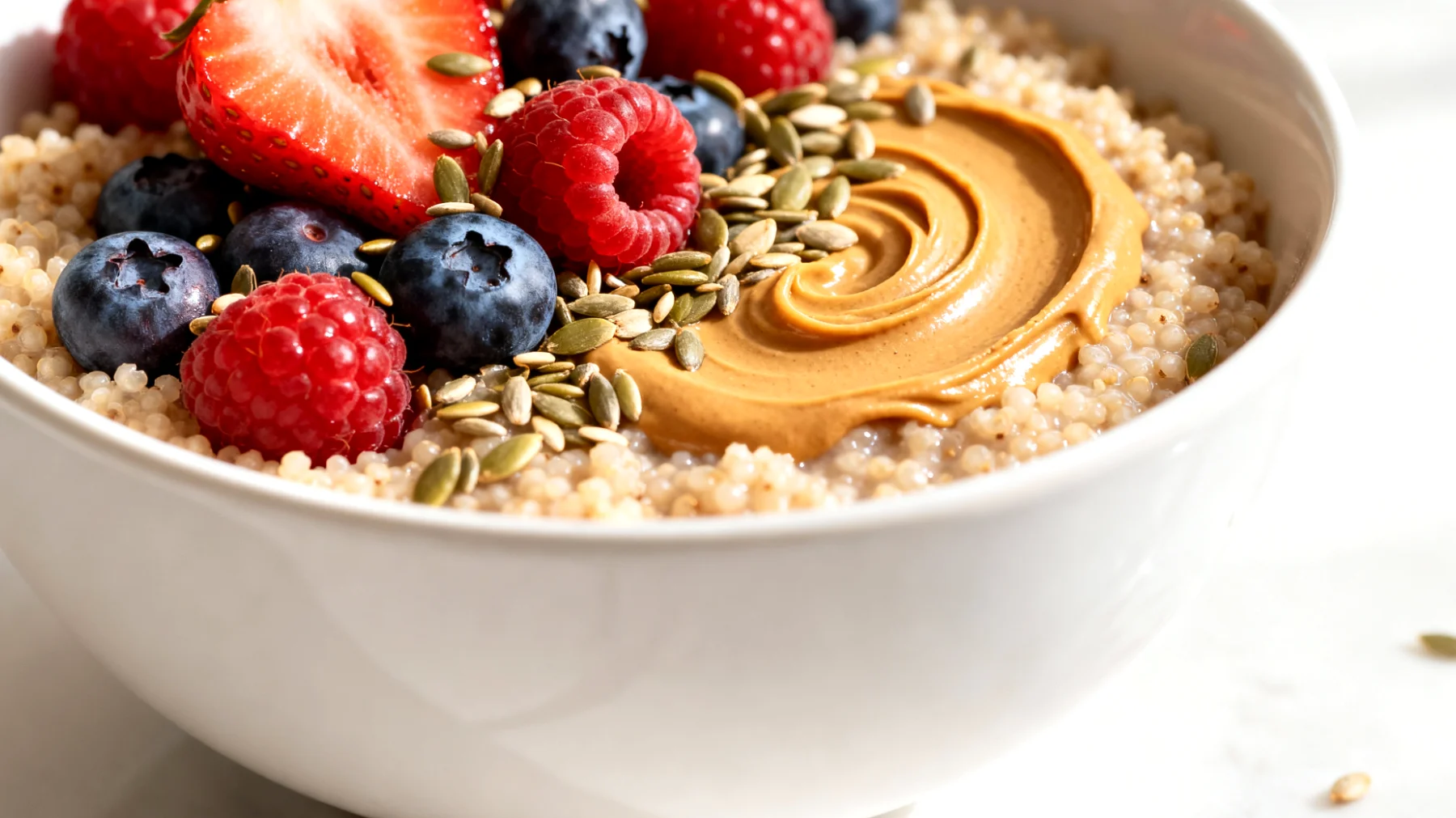 Amaranth-Beeren-Bowl mit Hanfsamen und Mandelmus"