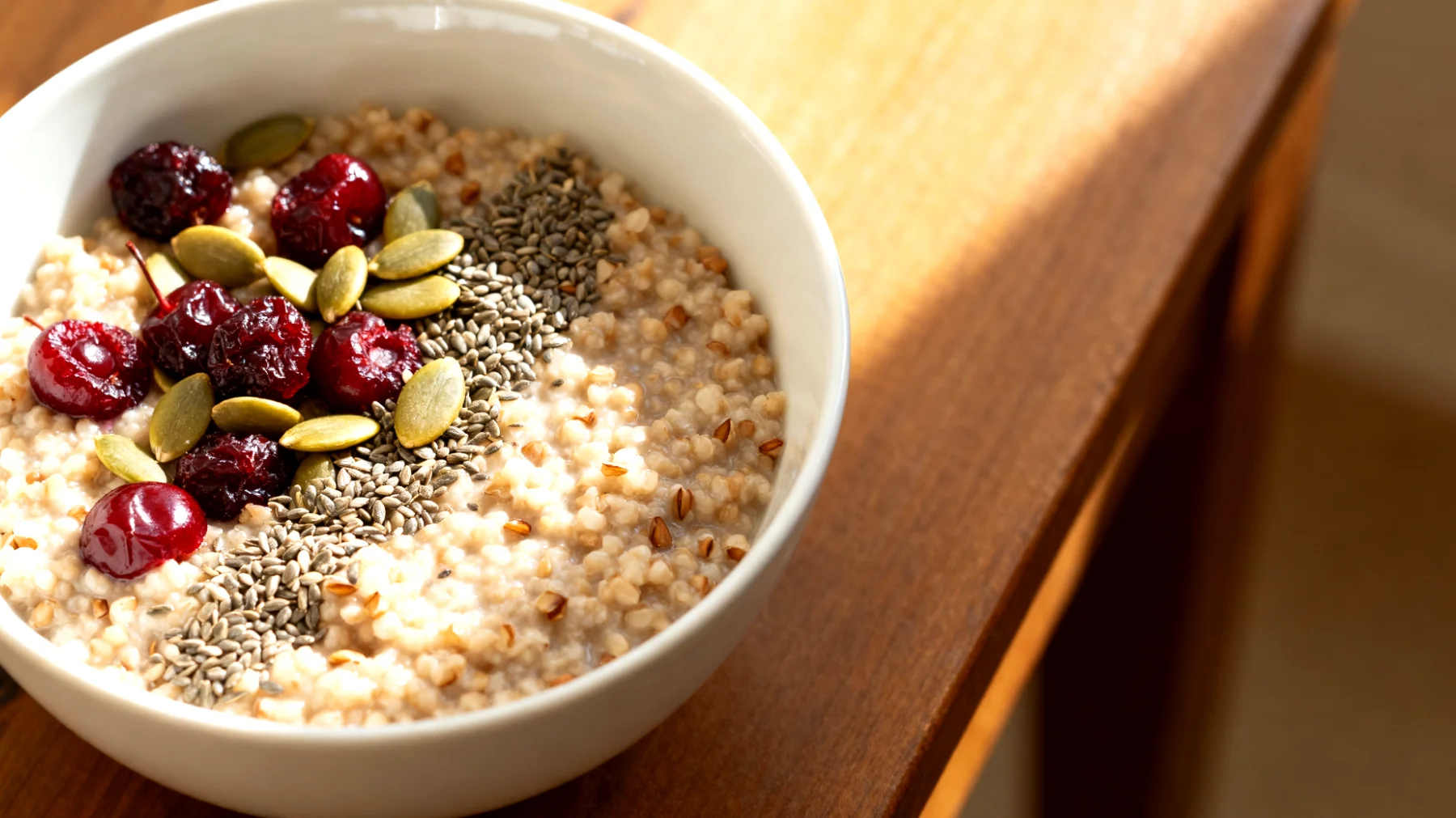 Amaranth-Buchweizen-Porridge mit Hanfsamen, Sauerkirschen und Kürbiskernen"