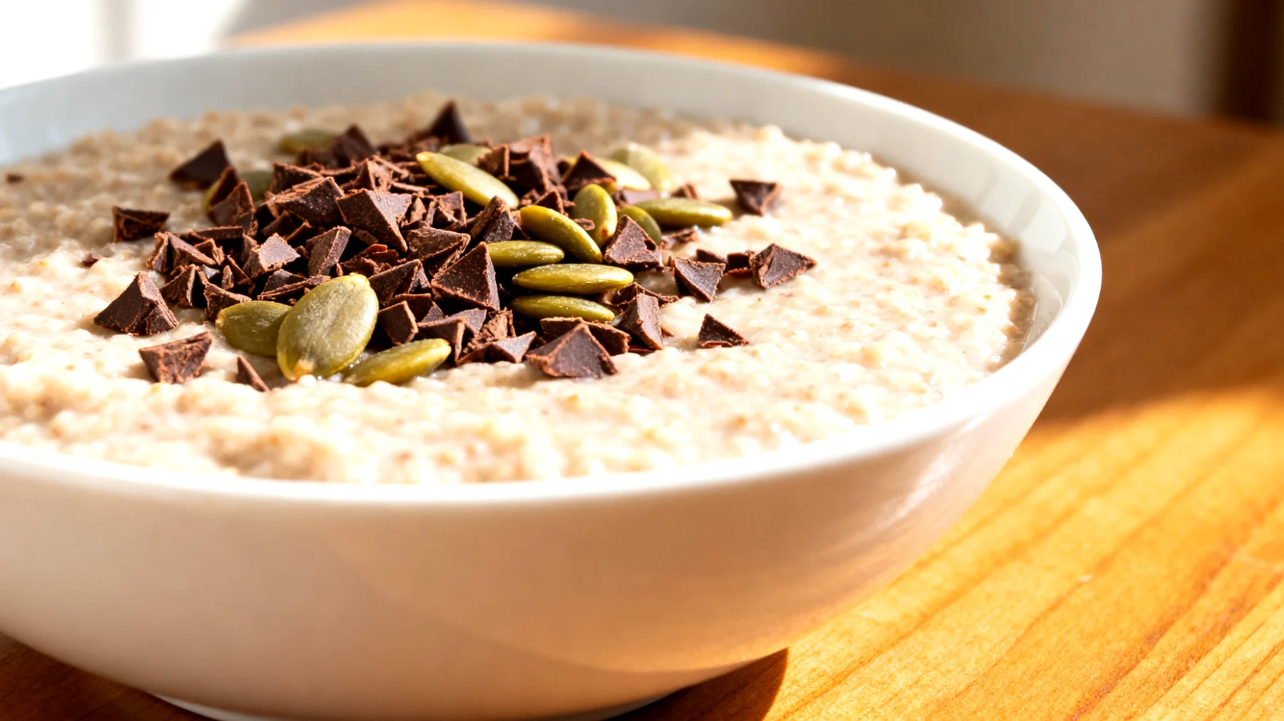 Amaranth-Porridge mit Kakao-Nibs und Kürbiskernen"