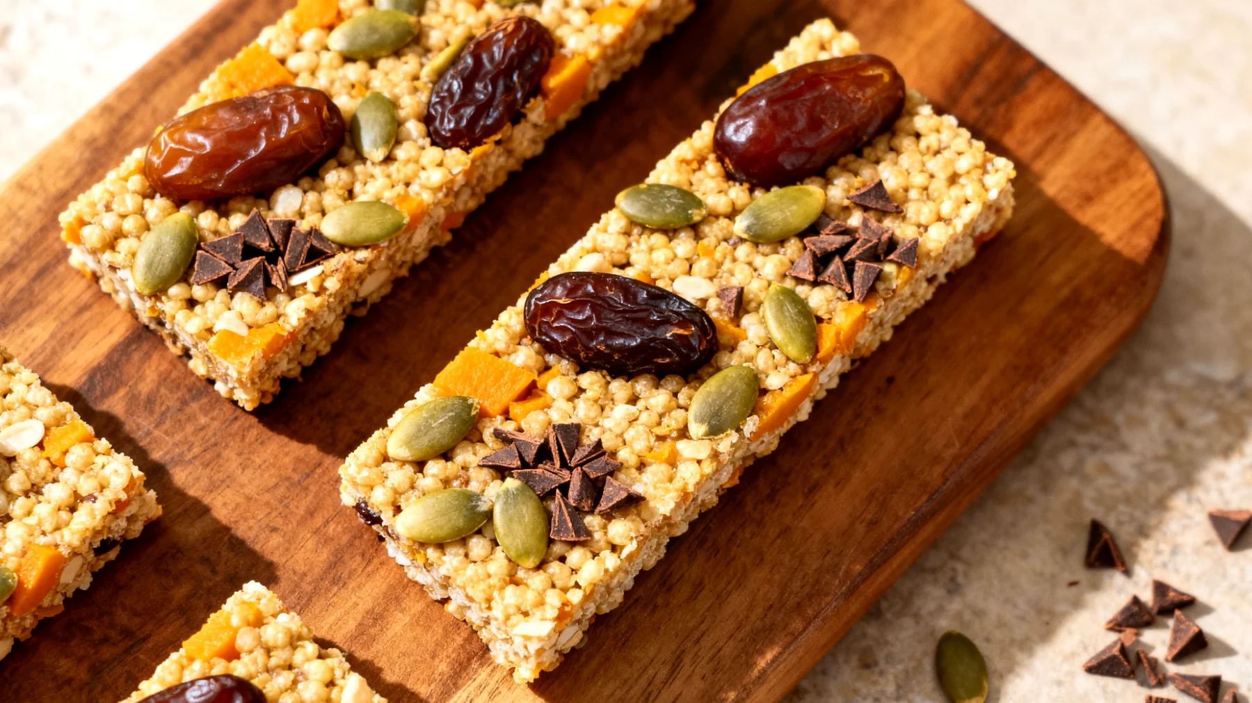 Amaranth-Riegel mit Kürbiskernen, Datteln und Kakao-Nibs"