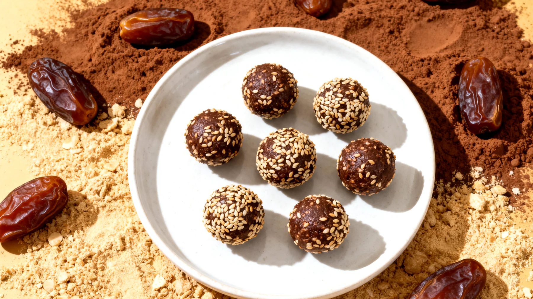 Ashwagandha-Kakao-Energiebällchen mit Sesam und Datteln"