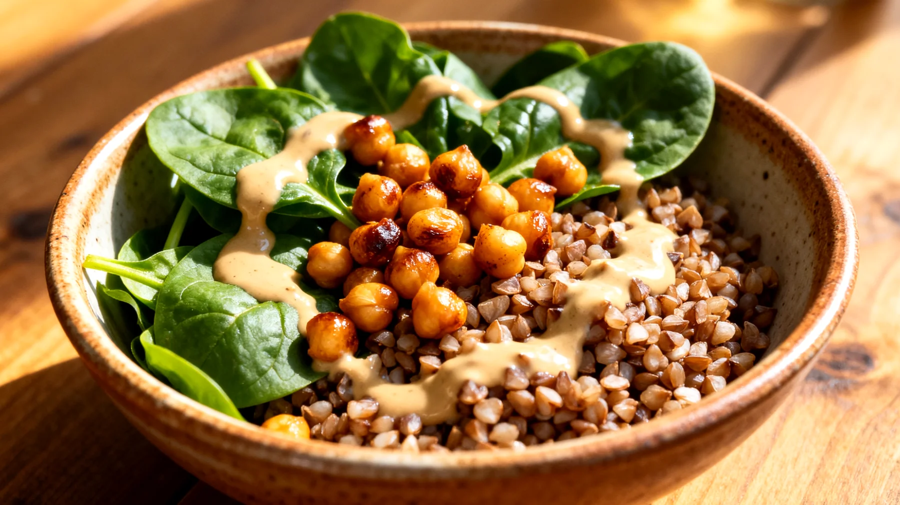 Buchweizen-Spinat-Bowl mit Kichererbsen und Tahini-Dressing"