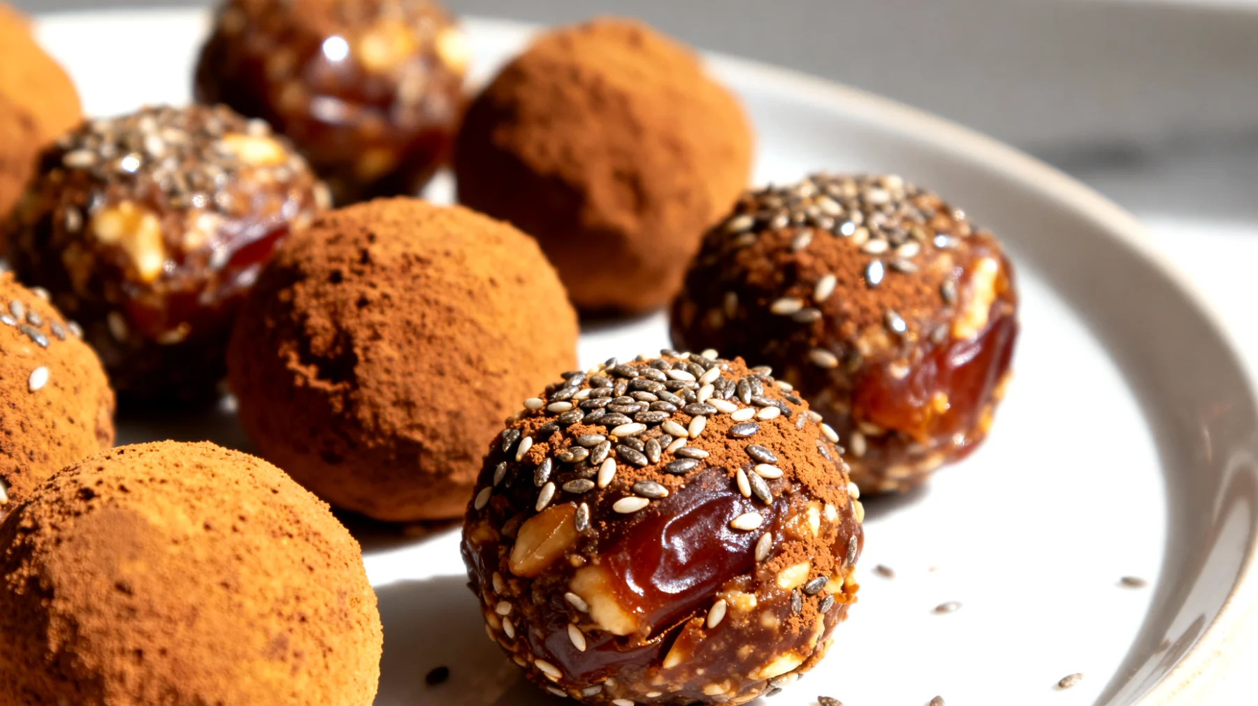 Dattel-Nuss-Energiebällchen mit Kakao und Chiasamen"