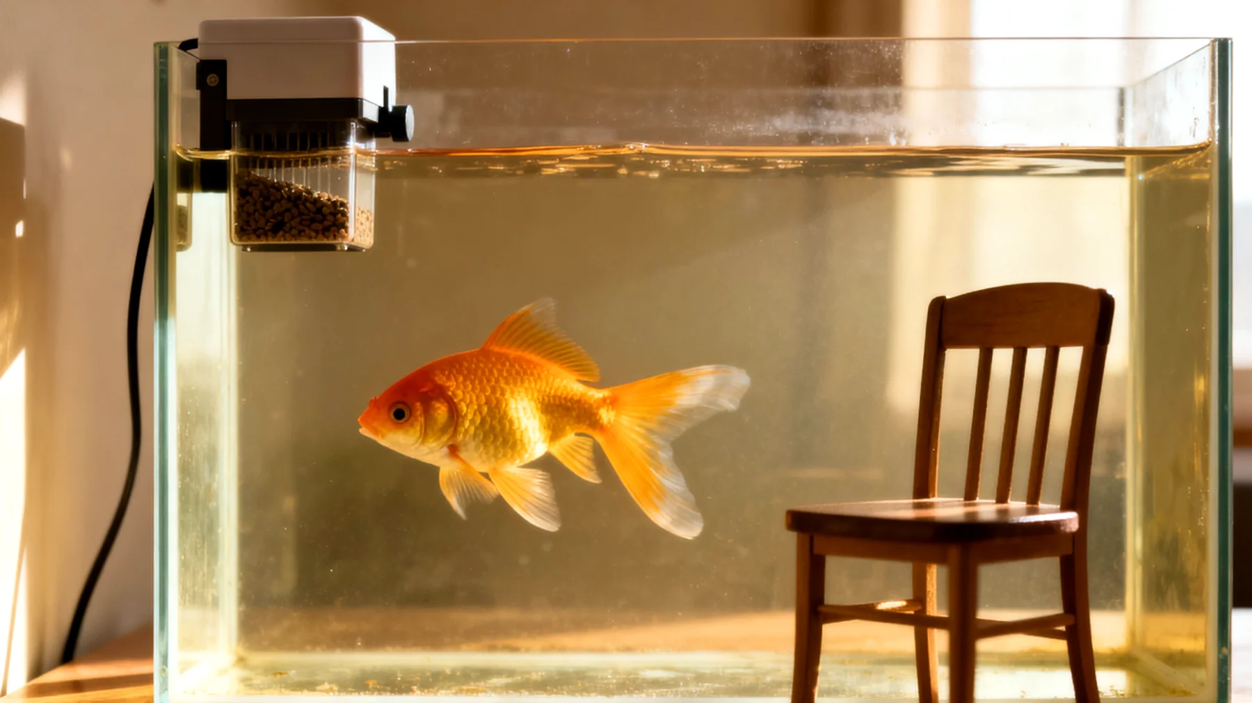 Fische können während einer Reise nicht mitgenommen werden und benötigen eine zuverlässige Versorgung durch automatische Futterspender oder Urlaubsvertretung, wobei Wasserqualität und Temperatur konstant bleiben müssen"