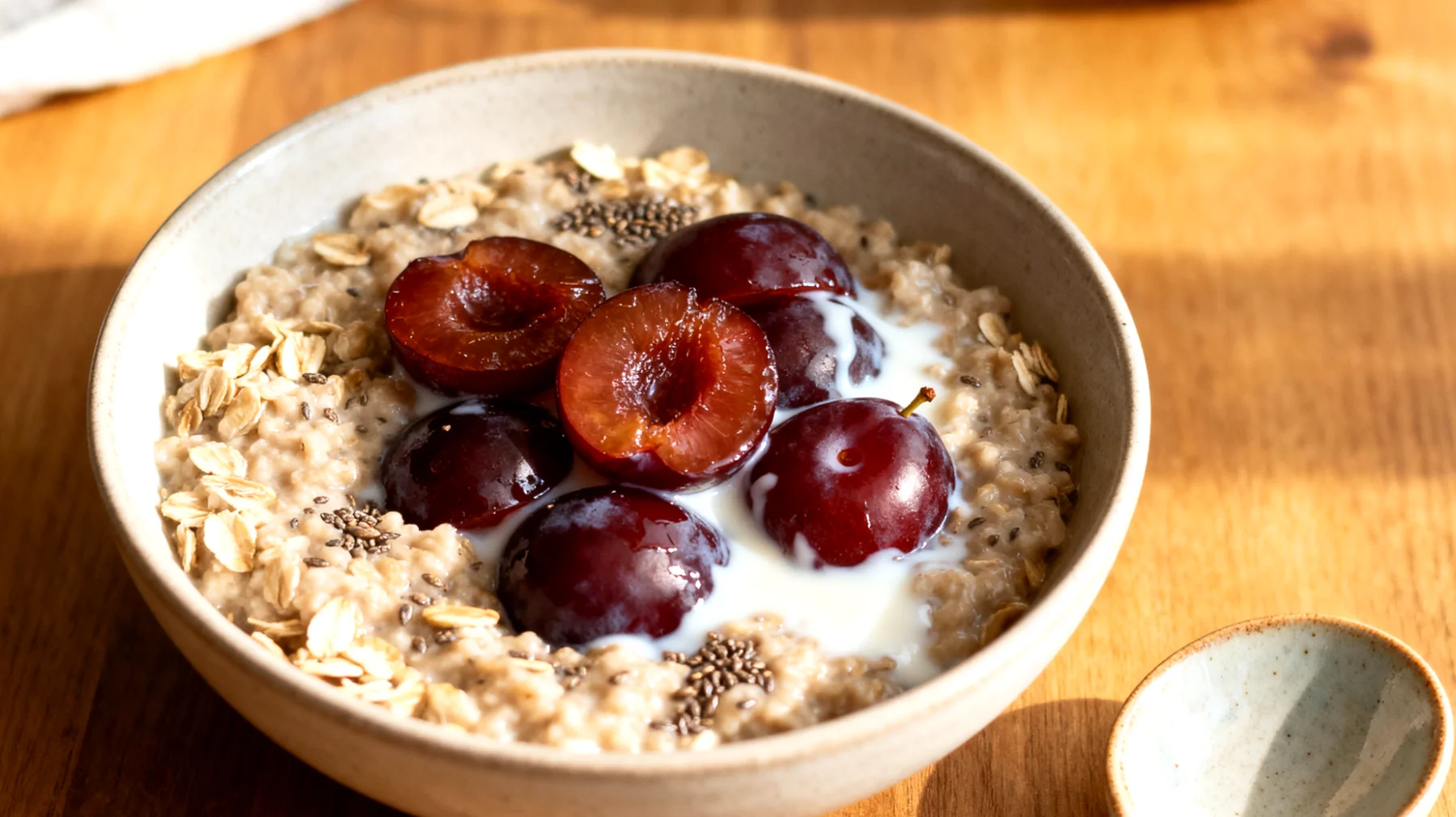 Hafer-Leinsamen-Porridge mit eingeweichten Pflaumen und Kefir"