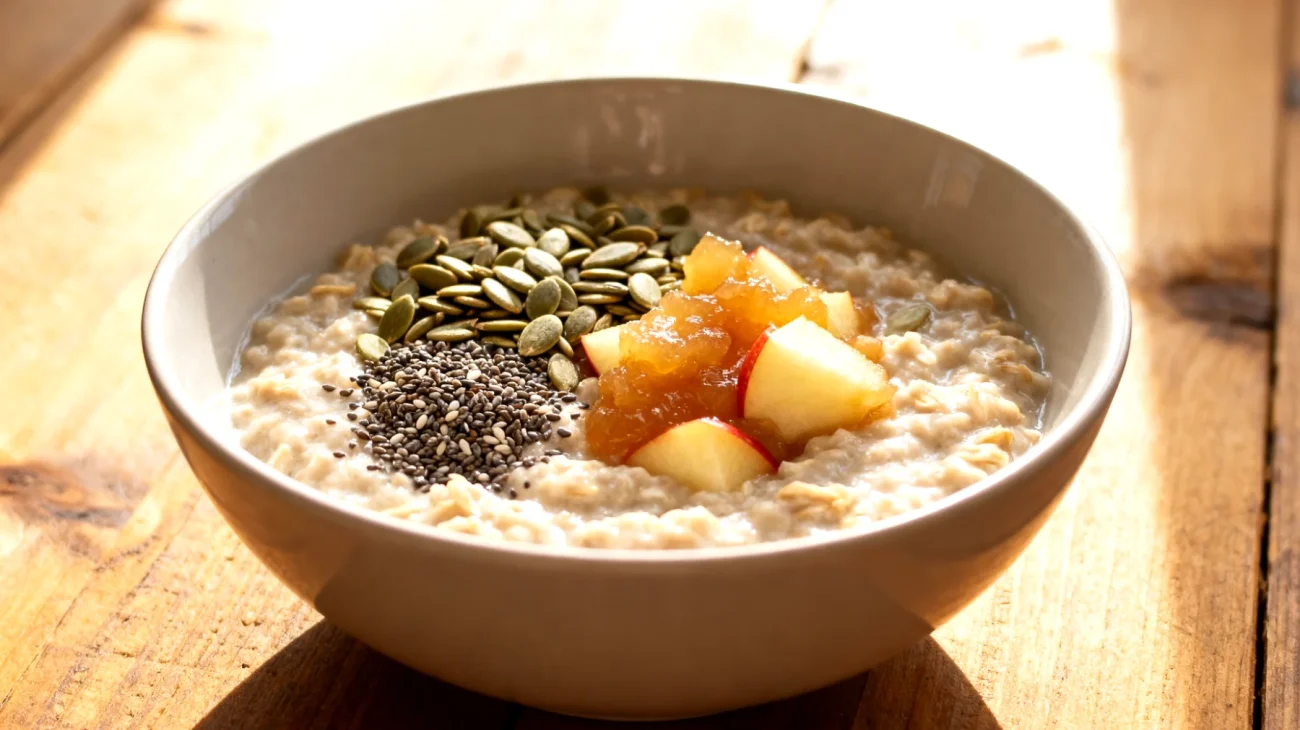 Hafer-Porridge mit Hanfsamen, Chiasamen und Apfelkompott"