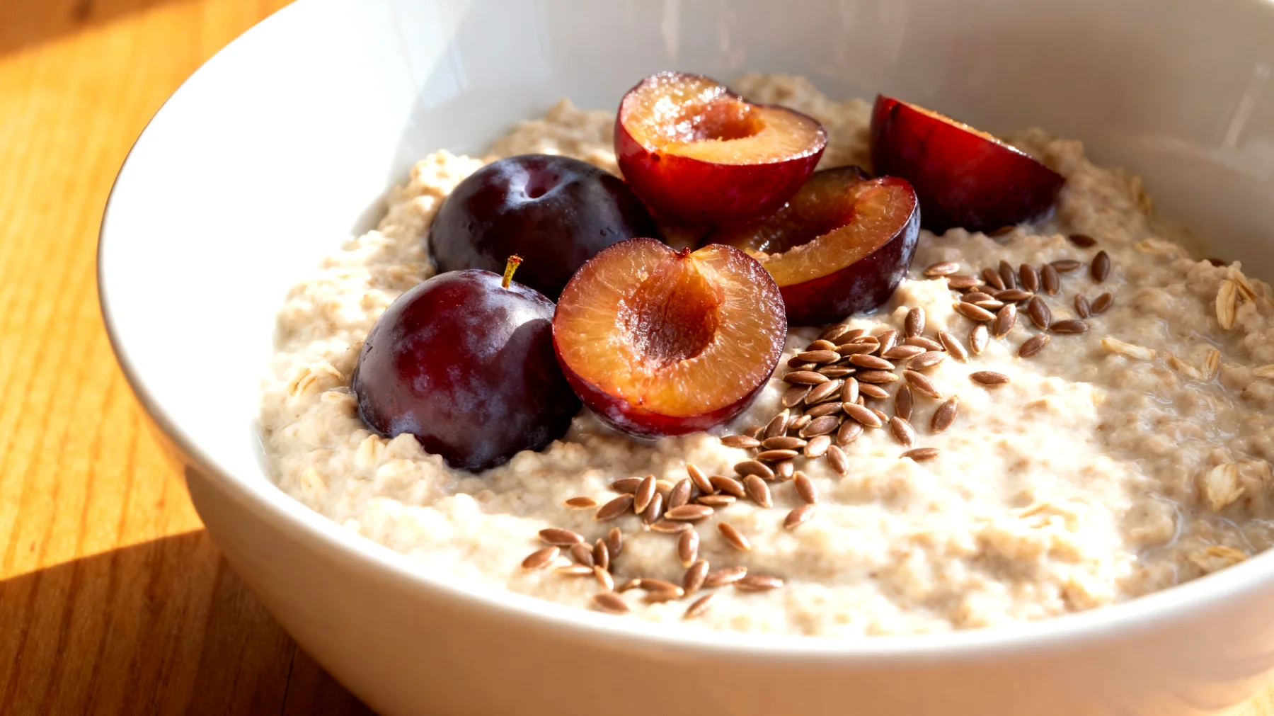 Haferkleie-Porridge mit fermentierten Pflaumen und Leinsamen"