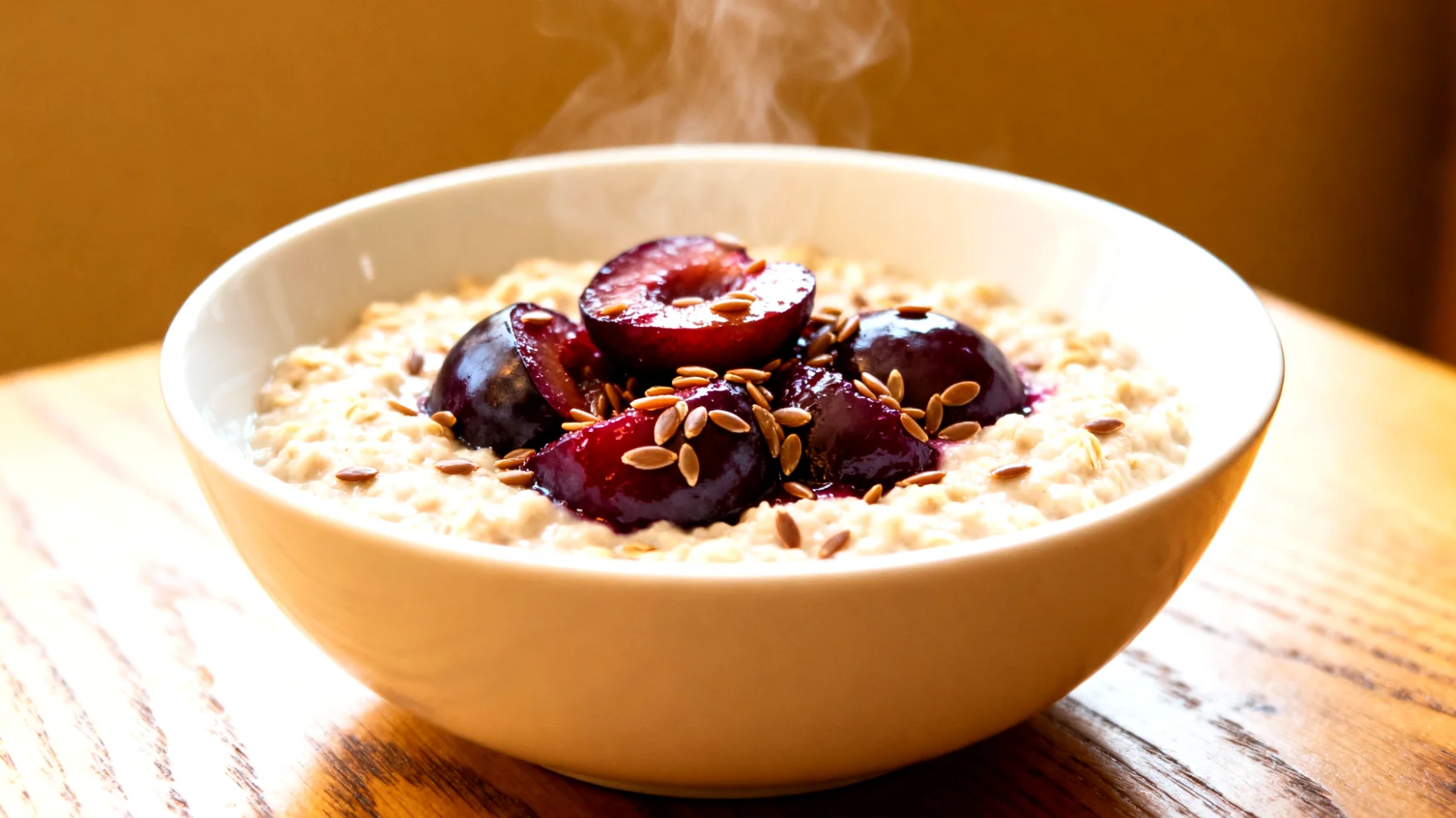 Haferkleie-Porridge mit gedünsteten Pflaumen und Leinsamen"