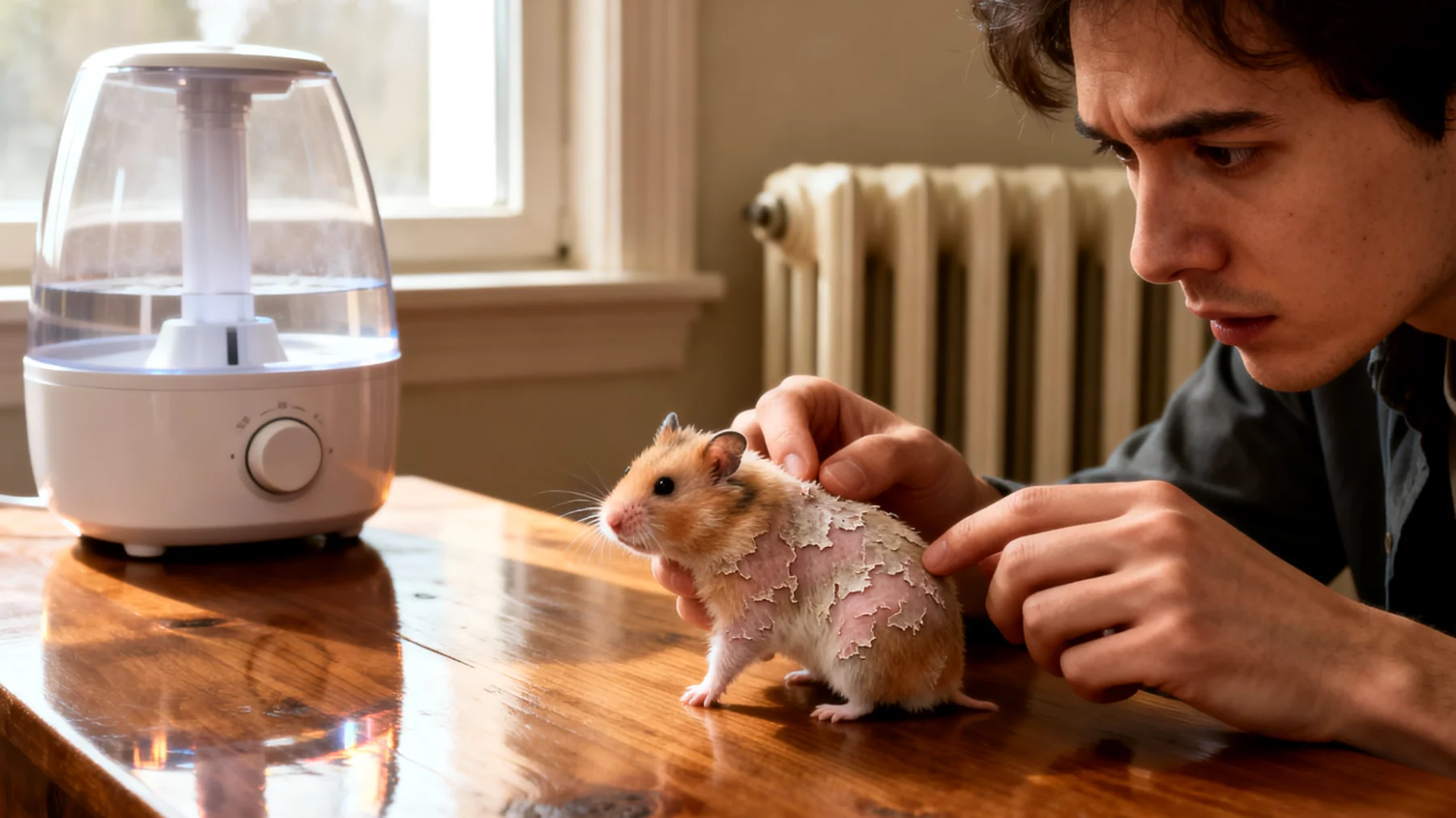 Hamster in der Wohnung leidet unter trockener Haut oder gereizten Atemwegen durch Heizungsluft, und der Besitzer sucht nach natürlichen Hausmitteln zur Verbesserung der Luftfeuchtigkeit und Linderung der Symptome ohne chemische Produkte"