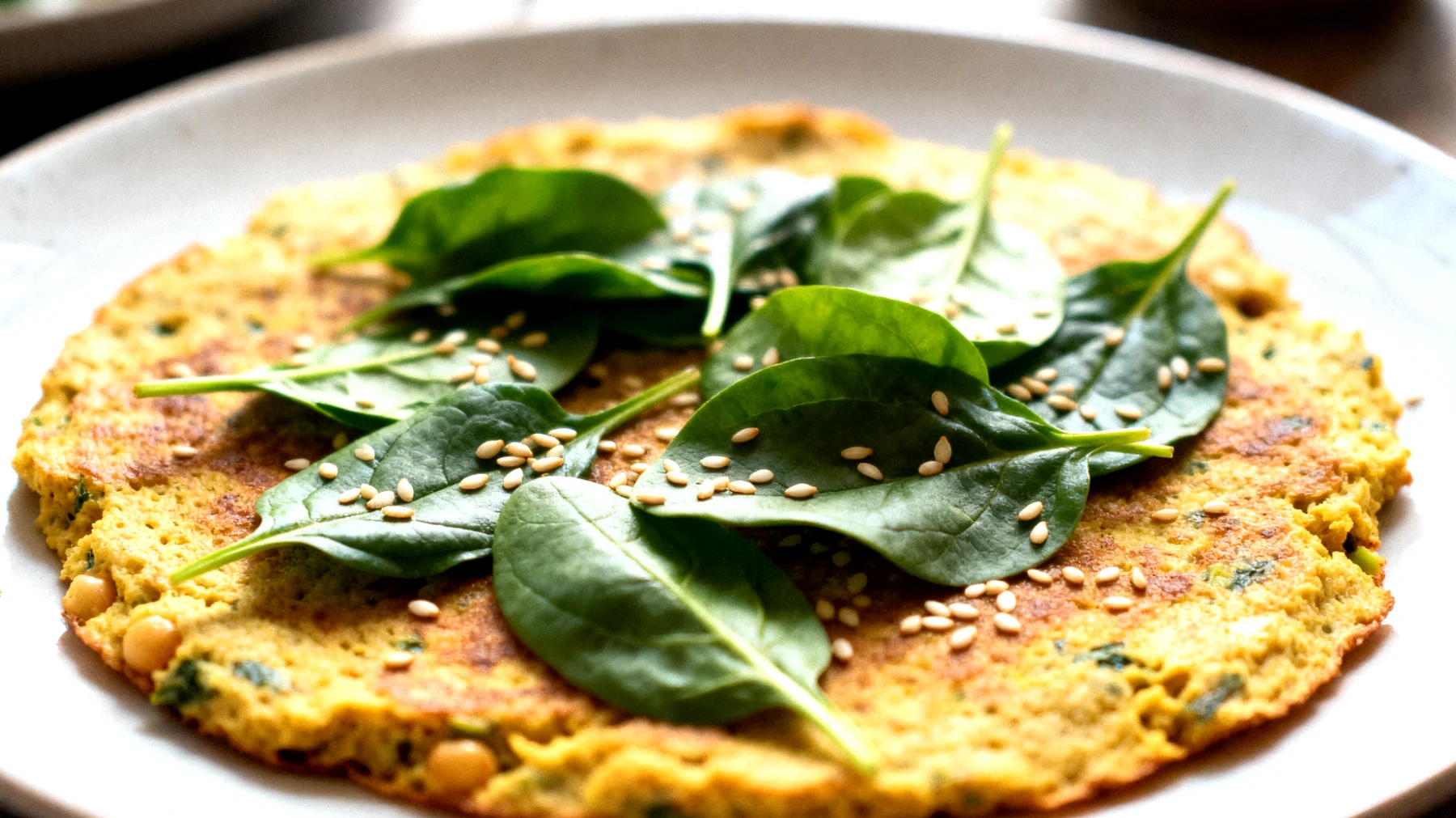 Kichererbsen-Pancakes mit Spinat und Sesam (Socca-Variante)"