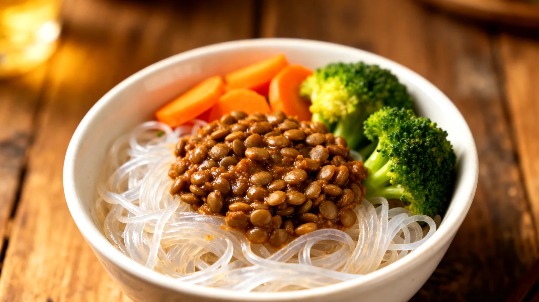 Konjac-Nudeln (Shirataki) mit Linsenragout und gedünstetem Gemüse"