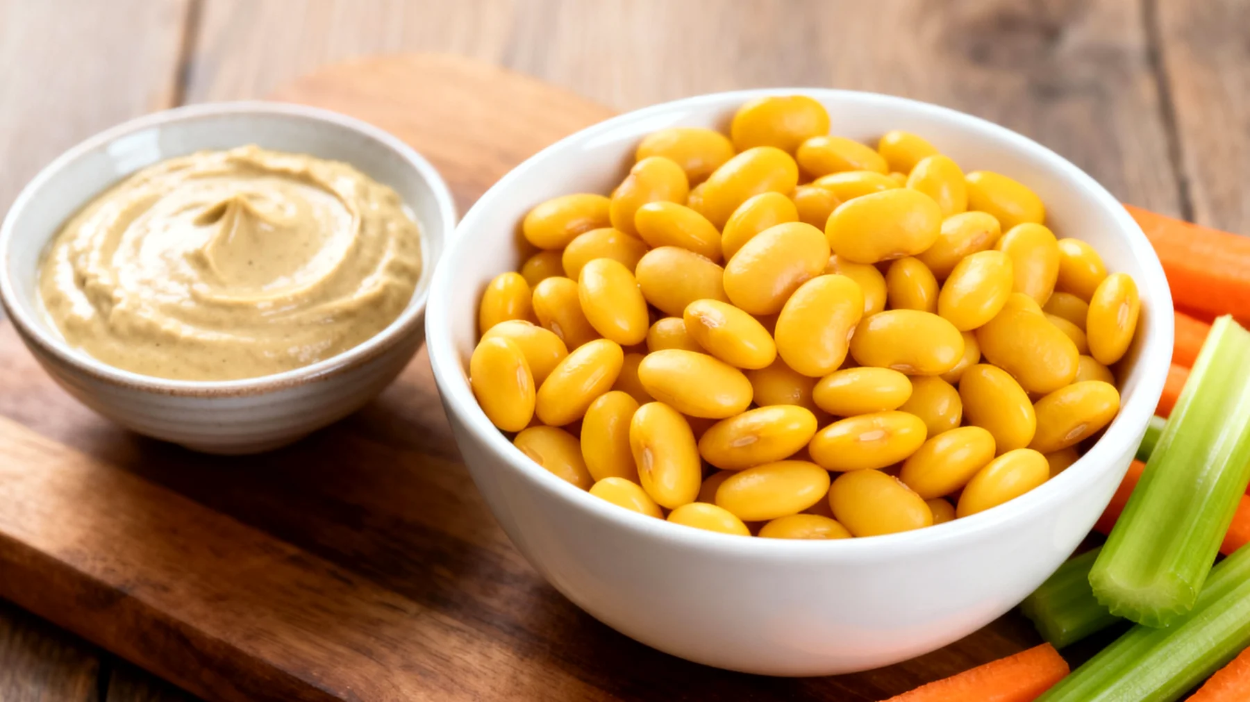 Lupinenkerne (Lupini) mit Gemüsesticks und Tahini-Dip"