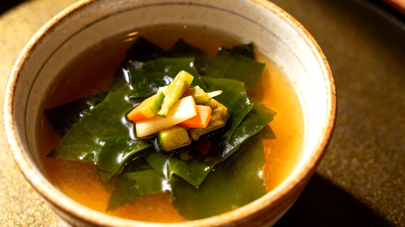 Miso-Suppe mit Wakame-Algen und fermentiertem Gemüse"