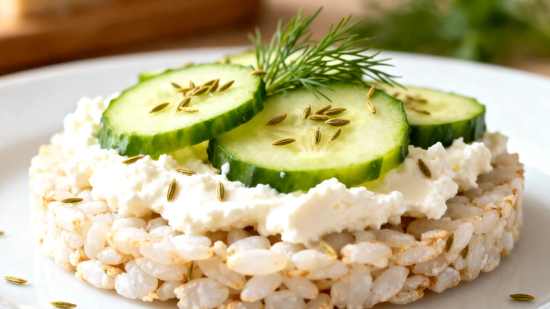 Reiswaffeln mit Gurkenscheiben, Hüttenkäse und Dillsamen"