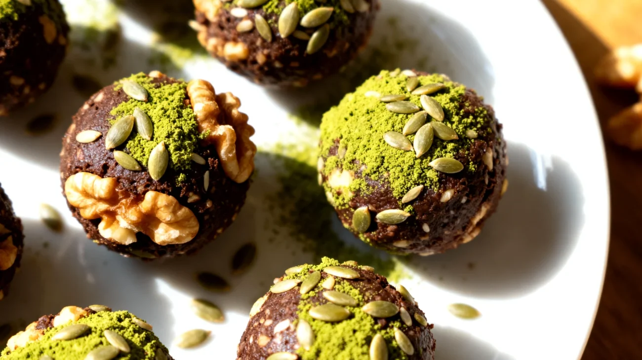 Walnuss-Kakao-Energiebällchen mit Matcha und Hanfsamen"