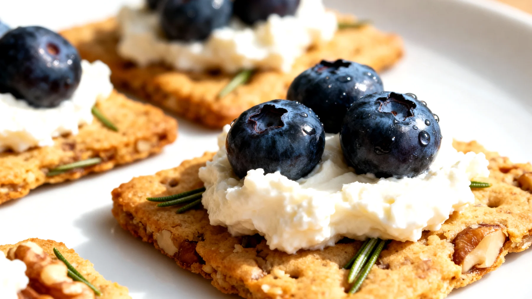 Walnuss-Rosmarin-Cracker mit Hüttenkäse und Blaubeeren"